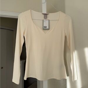 H&M Off-White Ribbed Long Sleeve Top, Size Small, NWT